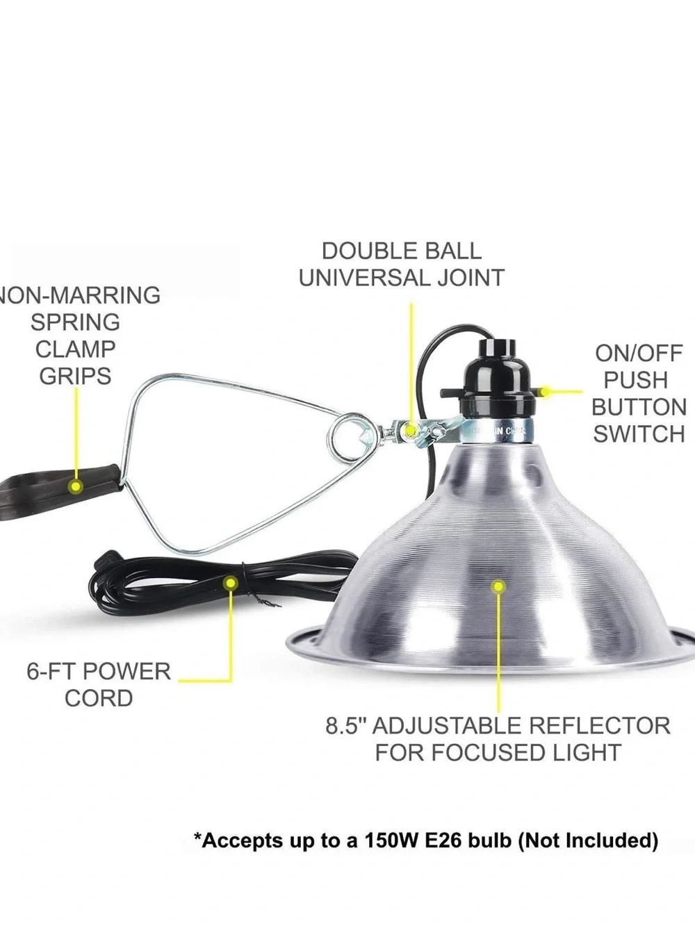 Simple Deluxe Clamp Lamp Light With 8.5 Inch Aluminum Reflector Up To 150 Watt
